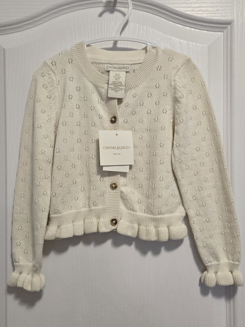 Cynthia Rowley Cream Knit Ruffle Hem Kids Cardigan